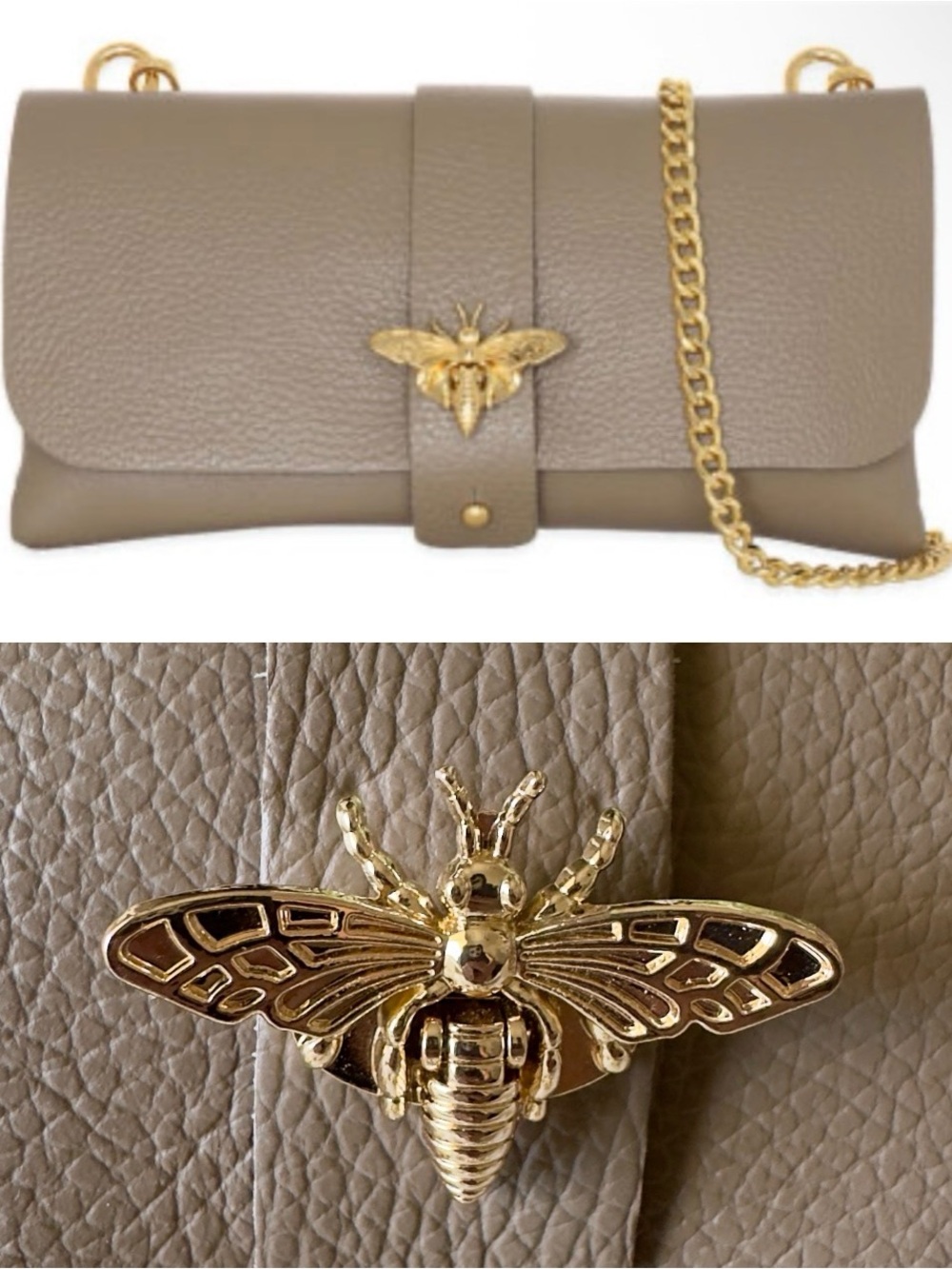 Bee Accent Pebble Faux Envelope Clutch Bag | Taupe Crossbody with Gold Chain